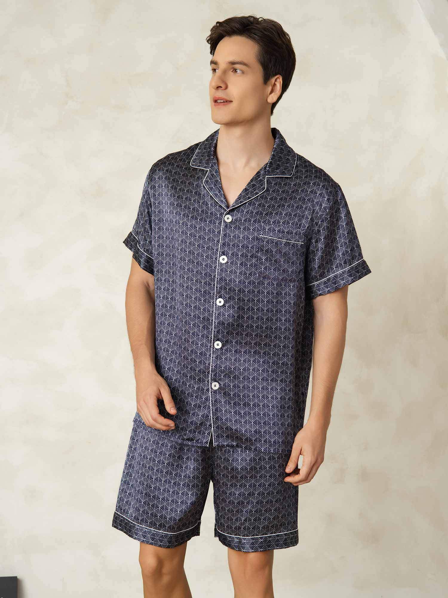 [NavyGinkgo] SilkSilky-AU Pure Silk Lapel Collar Men's Pyjamas 004