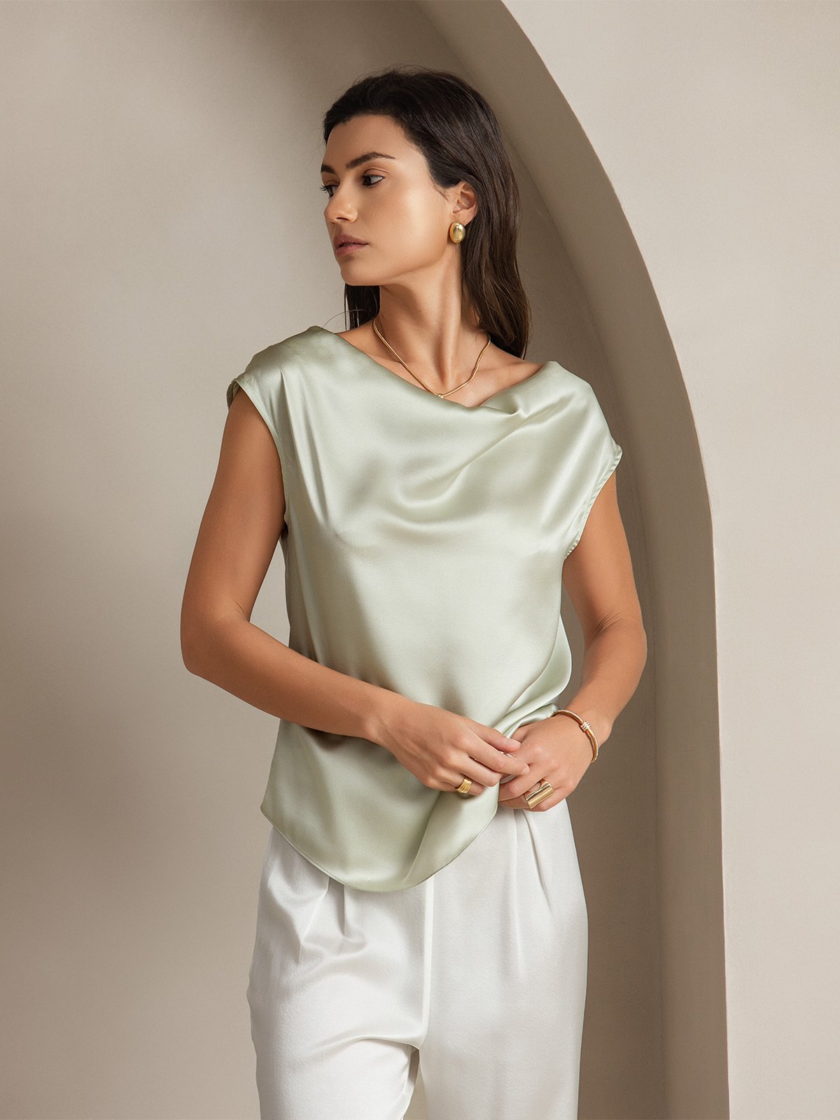 [Light Green] SilkSilky-AU 19Momme Silk Sleeveless Cowl Neck Women's T-Shirt 001