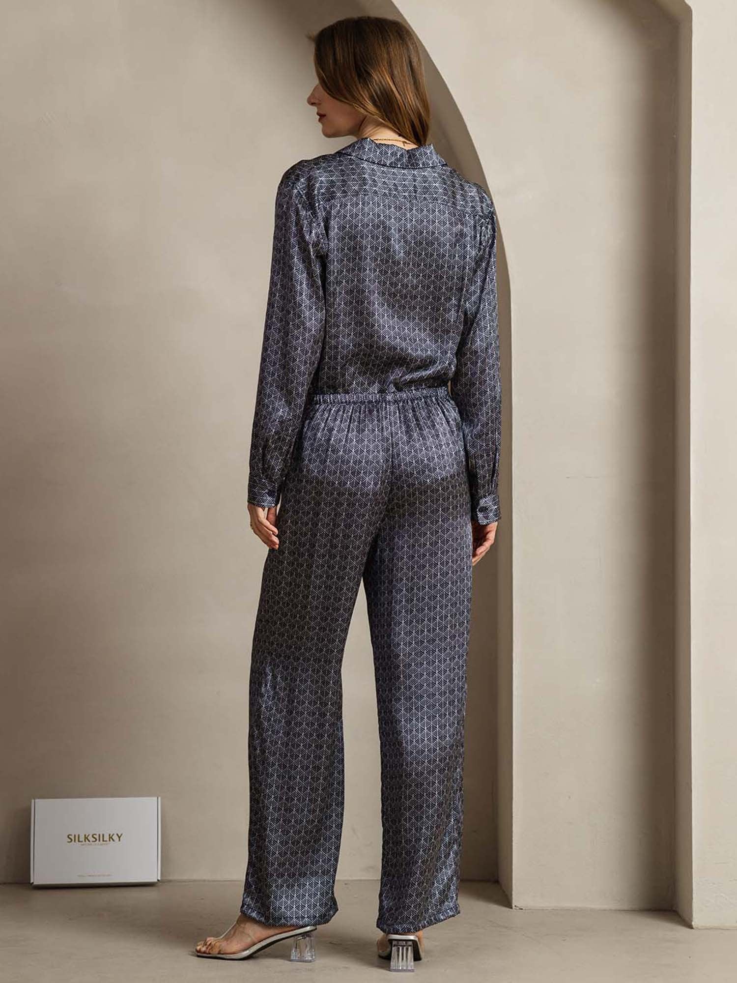 [NavyGinkgo] SilkSilky-AU 19Momme Silk Lapel Collar Women''s Outfit Sets 002