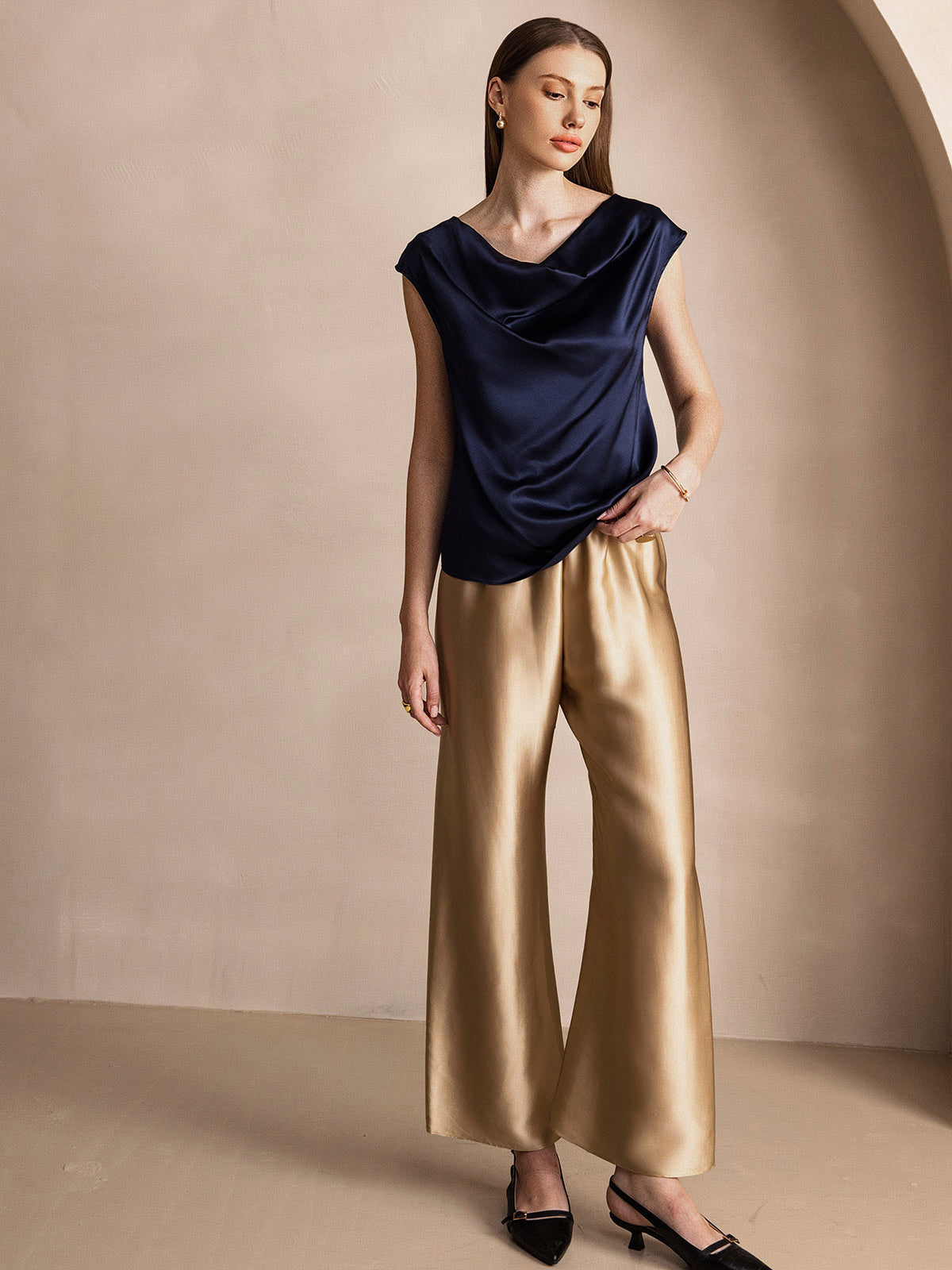 [Dark Blue] SilkSilky-AU 19Momme Silk Cowl Neck Women's T-Shirt 007
