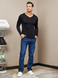 SilkSilky AU Silk Knitted Long Sleeve V Neck Men's T Shirt Black 005