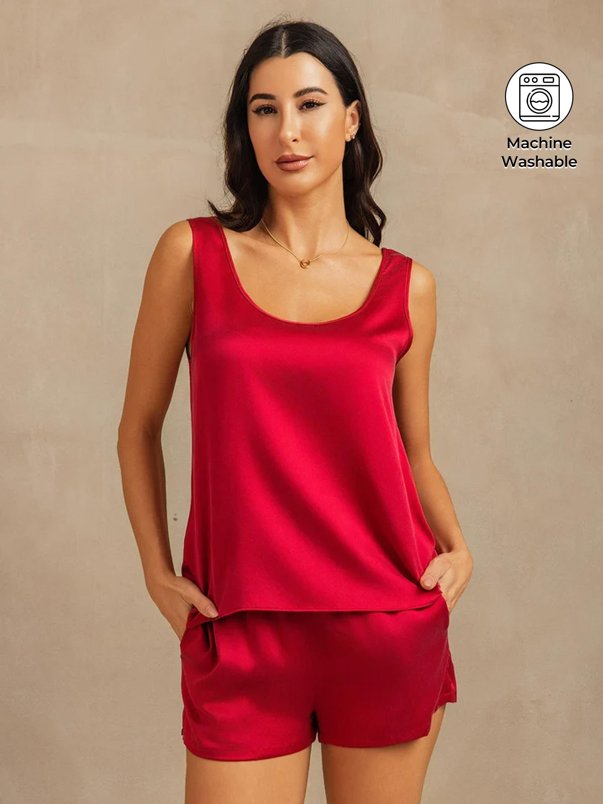 [Wine] SilkSilky-AU 19Momme Machine-Washable Silk U Neck Women's Pyjamas 001