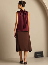 [Dark Red] SilkSilky-AU 19Momme Stretch Silk Charmeuse Sleeveless High Neck Blouse 011