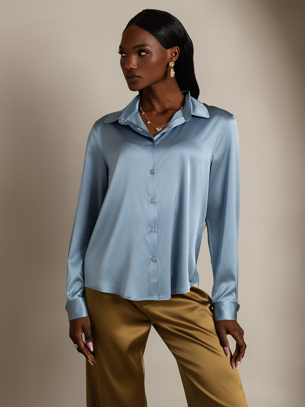 [Grayish Blue] SilkSilky-AU Silk Long Sleeve Lapel Collar Women's Shirt 001
