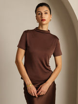 [Coffee] SilkSilky-AU 100% Silk Jersey Short Sleeve Mock Neck Women's T-Shirt 008