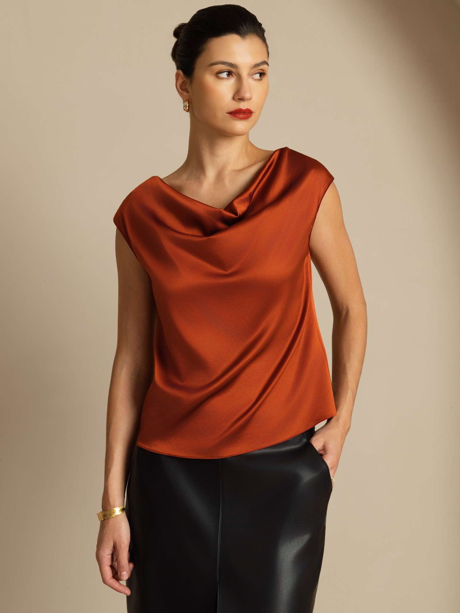 [Caramel] SilkSilky-AU 19Momme Silk Sleeveless Cowl Neck Women's T-Shirt 005