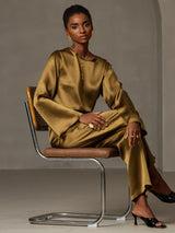 [Brown] SilkSilky-AU Long Sleeve Boat Neck Blouse 007