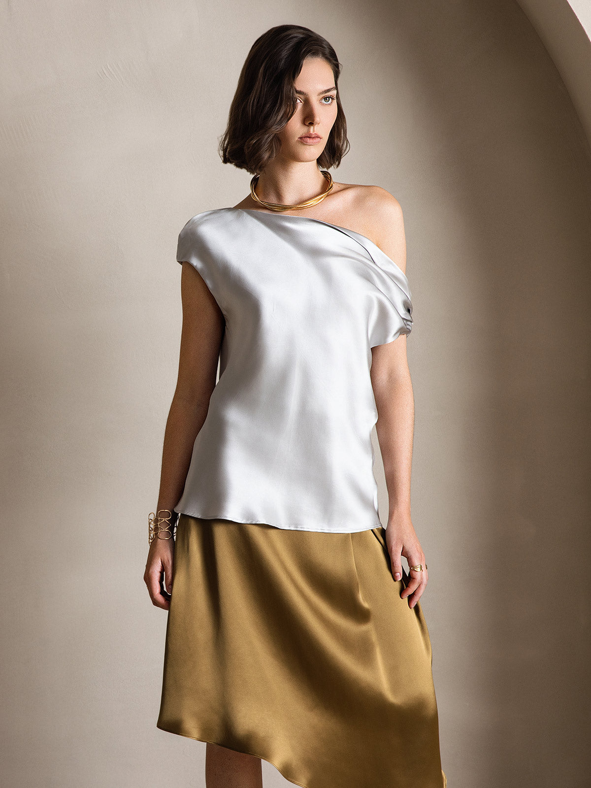 SilkSilky-AU 19Momme Silk Sleeveless One Shoulder Women's T-Shirt LightGray 003