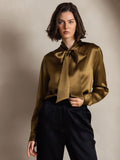 SilkSilky AU 19Momme Silk Long Sleeve Tie Neck Women's Shirt Brown 004