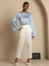 [Grayish Blue] SilkSilky-AU Long Sleeve Boat Neck Blouse 007