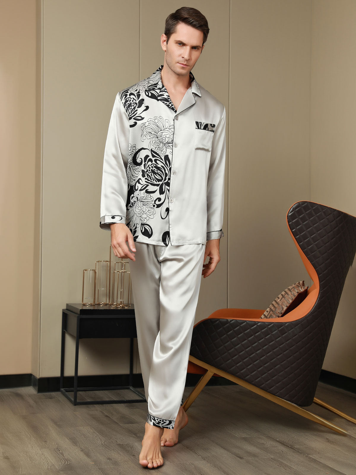 [Gray] SilkSilky-AU Pure Silk Mens Pajamas 004,