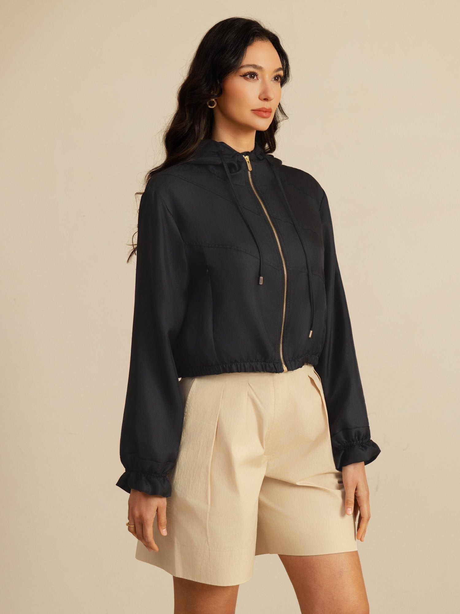 [Black] SilkSilky-AU 18Momme Silk Satin Surah Long Sleeve High Neck Women's Outerwear 006