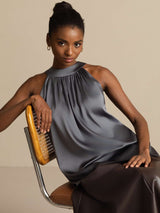 [Dark Gray] SilkSilky-AU 19Momme Stretch Silk Charmeuse Sleeveless Halter Women's T-Shirt 008