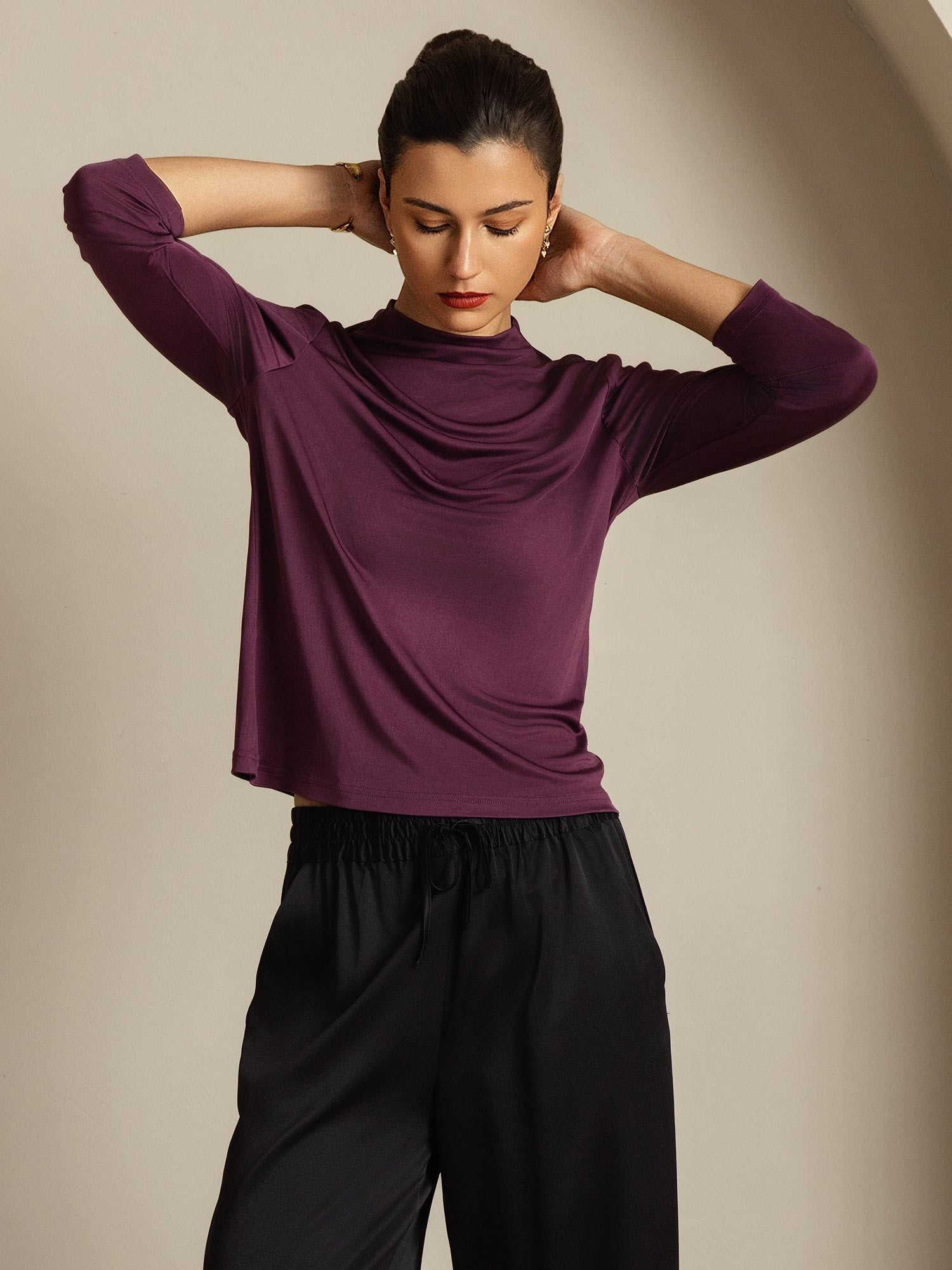 [Purple] SilkSilky-AU Pure Silk High Neck Women's T-Shirt 007