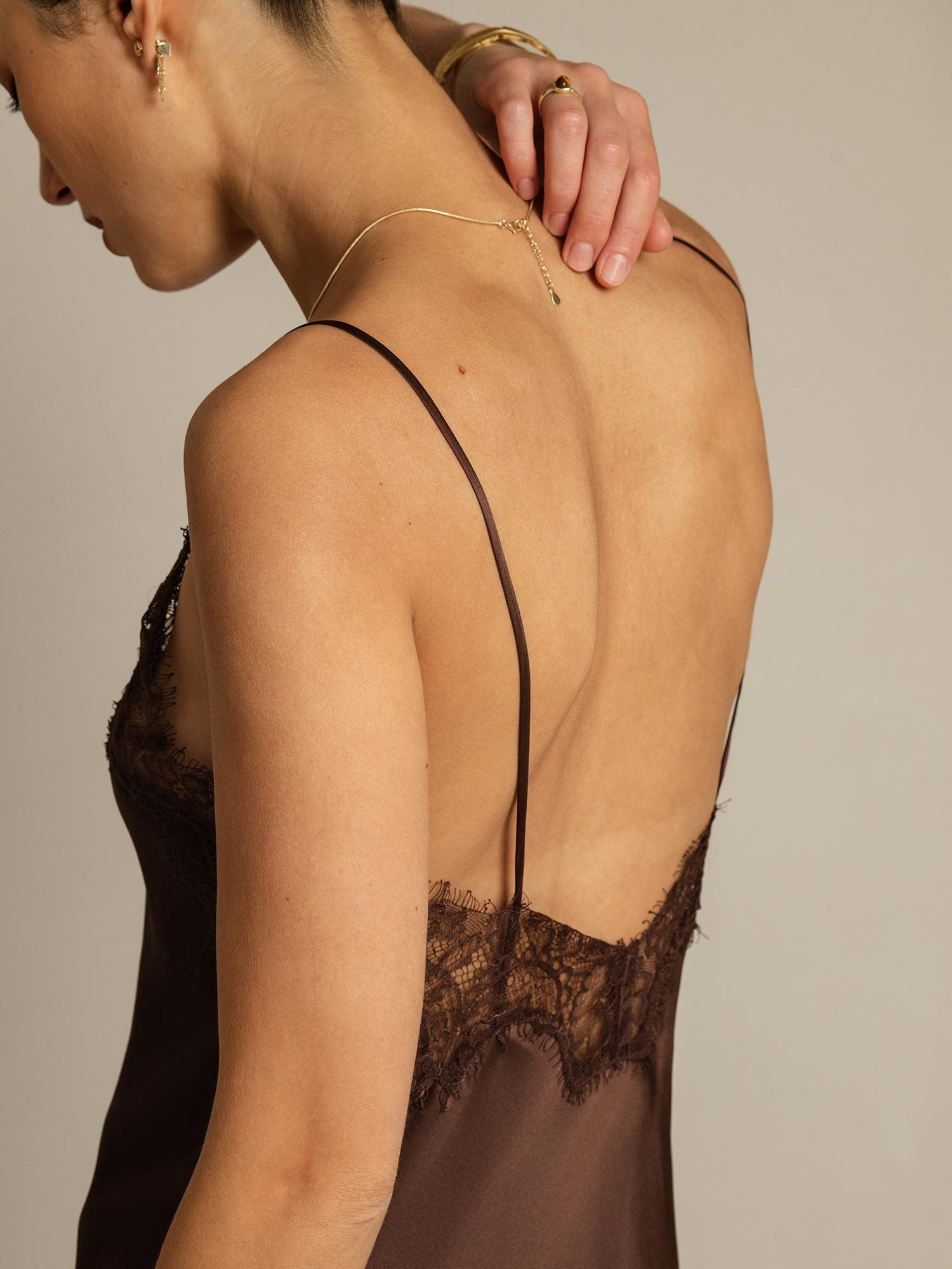 [Brown] SilkSilky-AU Pure Silk Asymmetric Dress 005