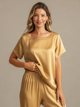 [Tan] SilkSilky-AU 19Momme Machine-Washable Silk Short Sleeve Women's Pyjamas 006