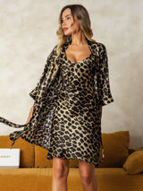 [Leopard] SilkSilky-AU 3/4 Sleeve V Neck Nightgown&Dressing Gown Set 006
