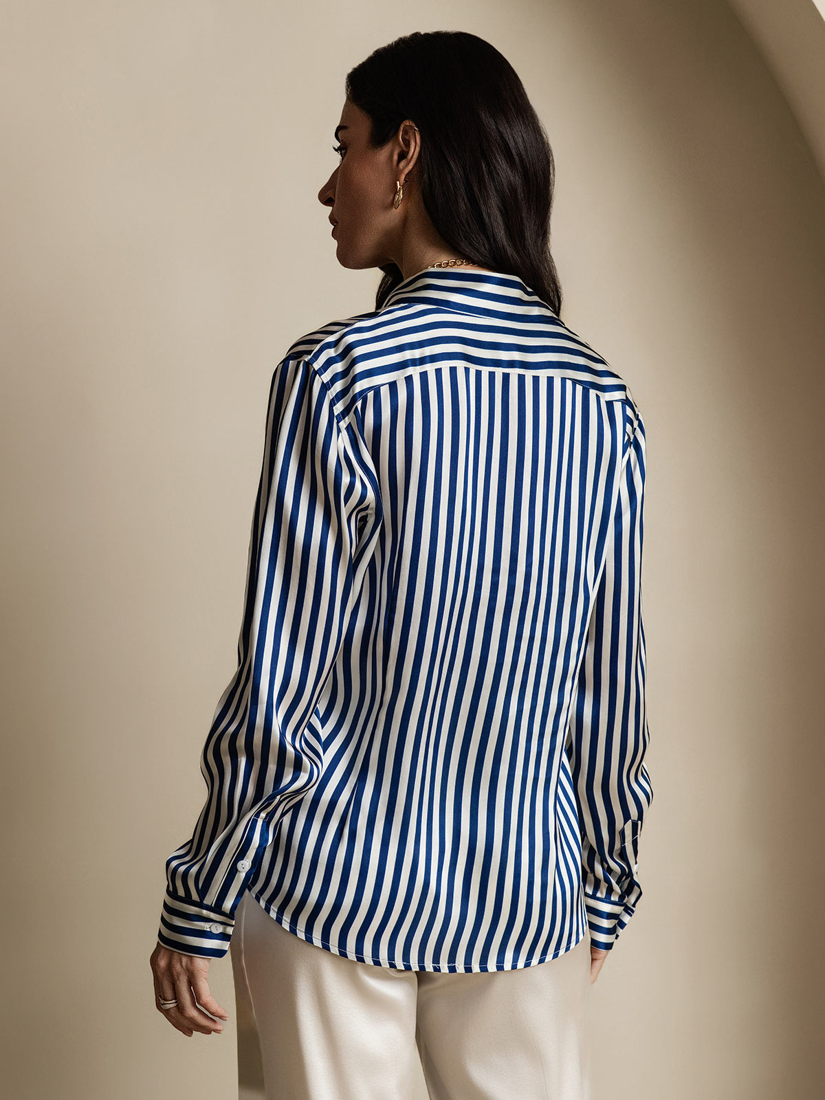 [Navy Stripe] SilkSilky-AU Silk Long Sleeve Lapel Collar Women's Shirt 003