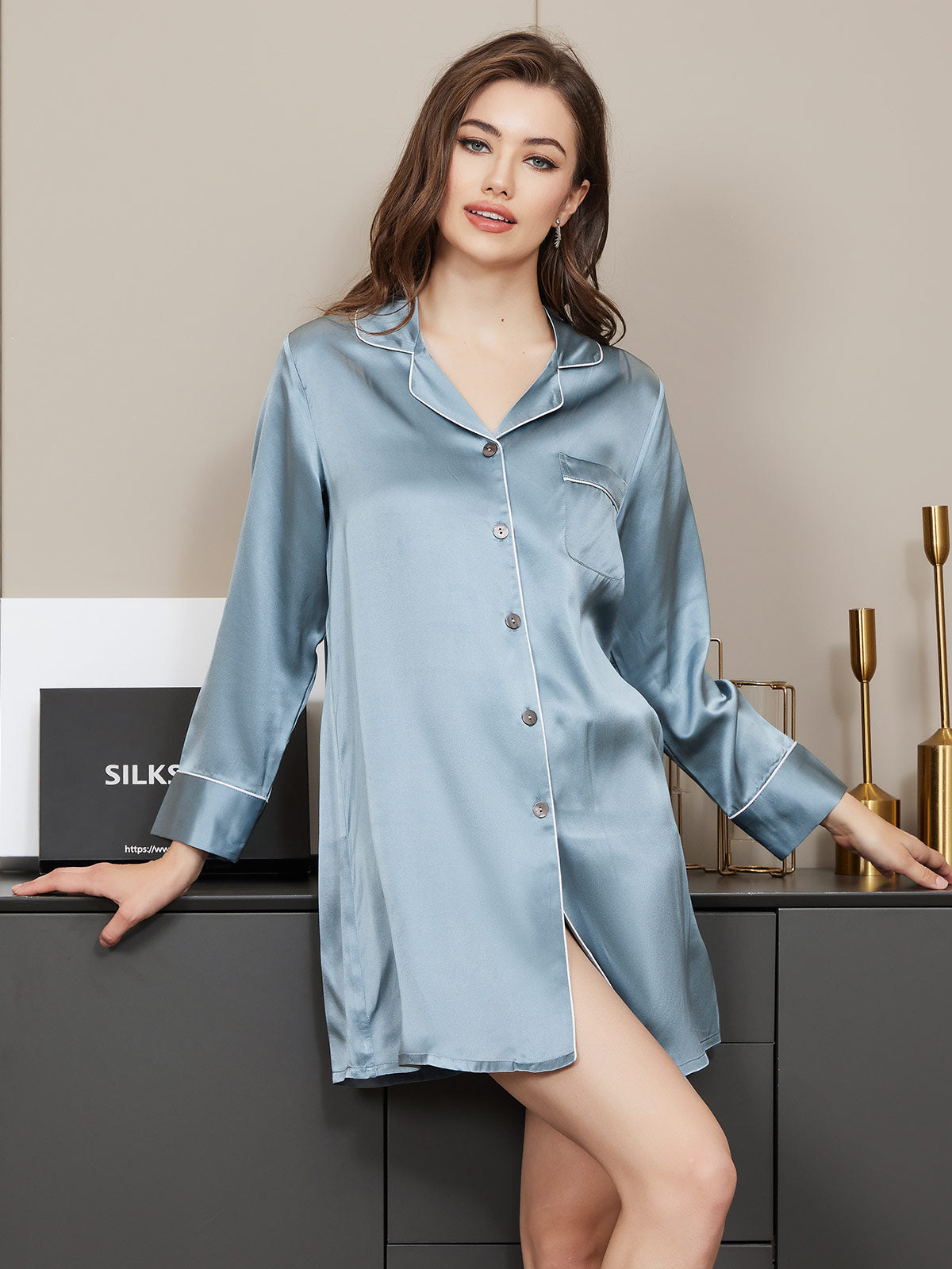 SilkSilky AU Pure Silk Long Sleeve Lapel Nightshirt SteelBlue 001