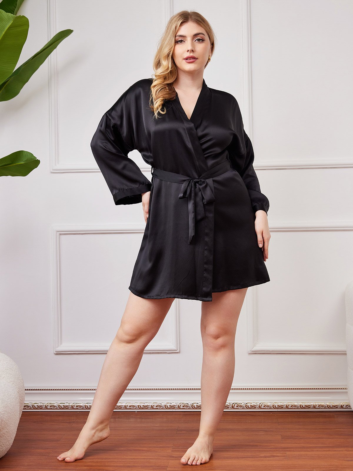 SilkSilky-AU Pure Silk Long Sleeve Deep V Neck Plus Size Dressing Gown Black 005