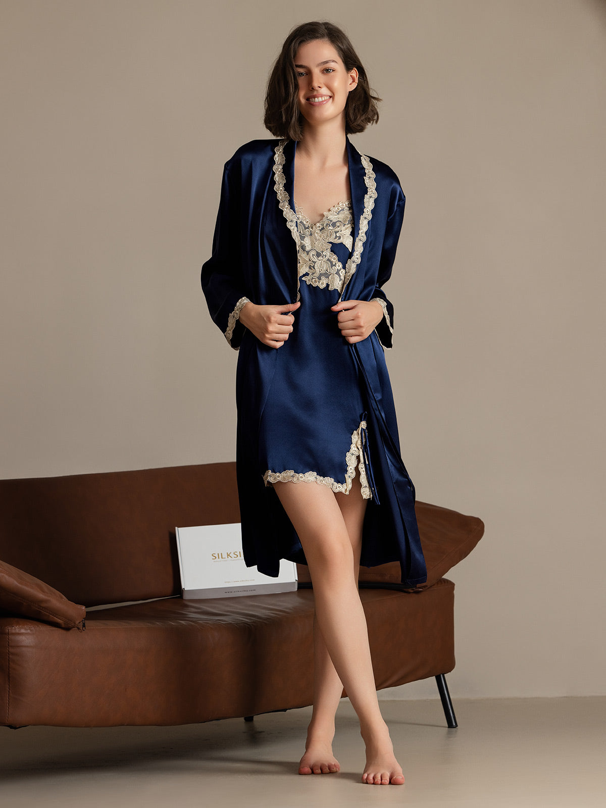 SilkSilky-AU Pure Silk Long Sleeve V Neck Nightgown&Dressing Gown Set DarkBlue 003