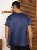 SilkSilky AU Pure Silk Short Sleeve V Neck Men's T Shirt DarkBlue 002