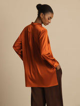 [Caramel] SilkSilky-AU 19Momme Stretch Silk Charmeuse Long Sleeve Stand Collar Blouse 002