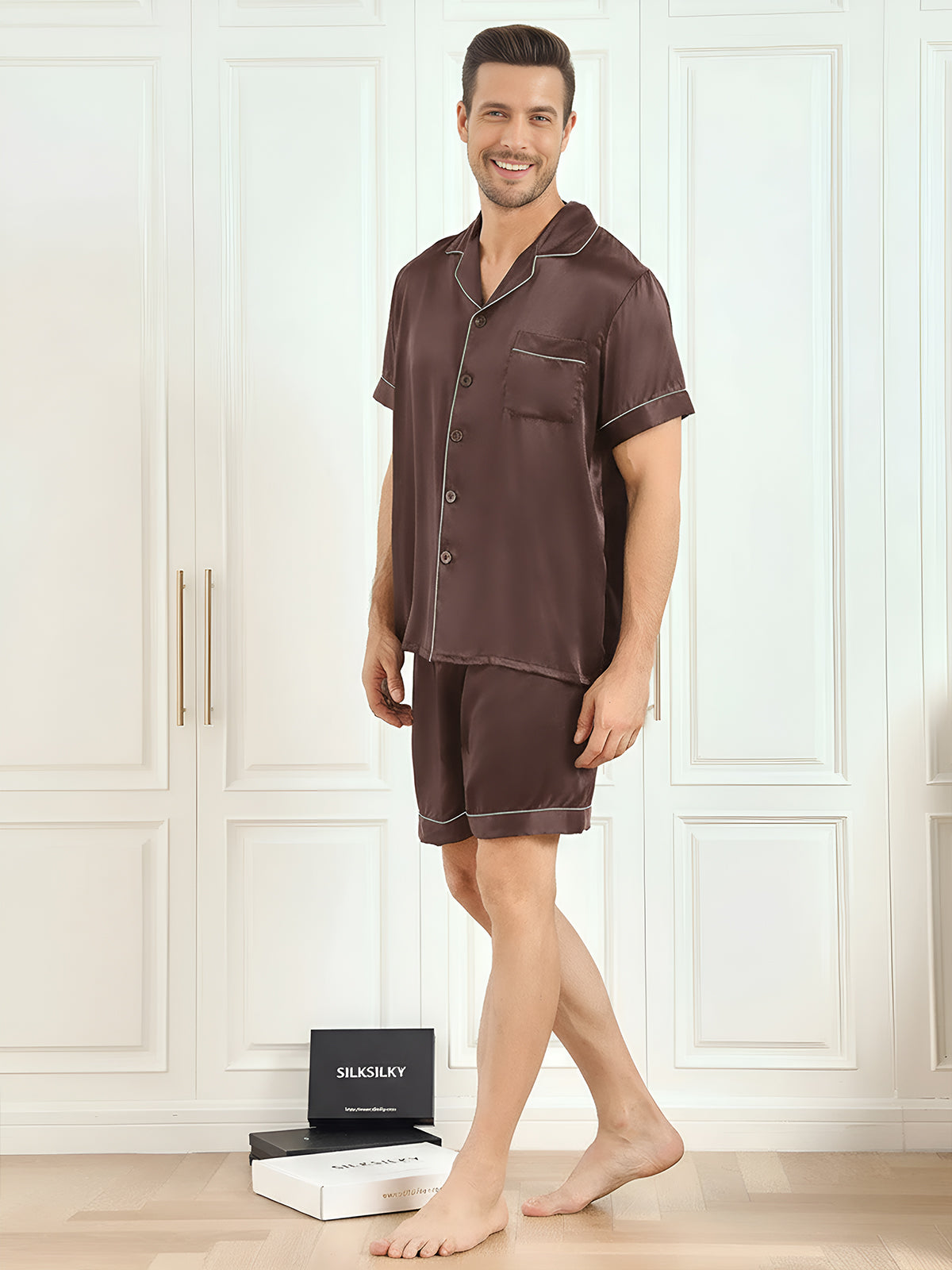 [Coffee] SilkSilky-AU Pure Silk Mens Pajamas 005