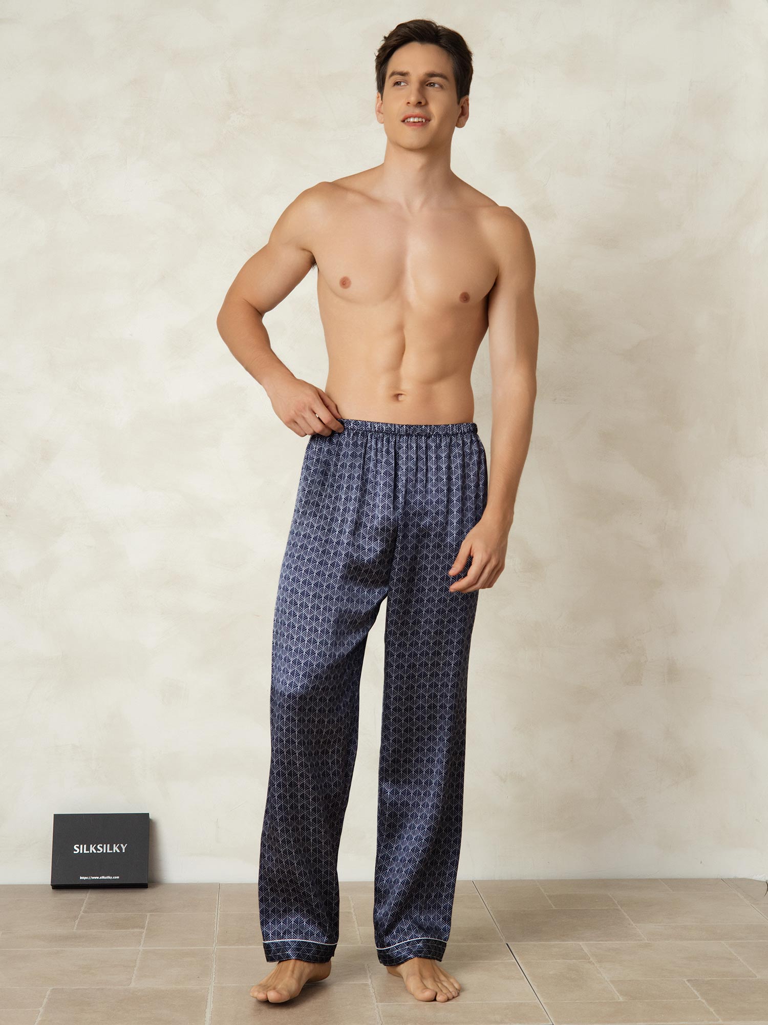 [Navy Ginkgo] SilkSilky-AU Pure Silk Mens Sleep Bottoms 004