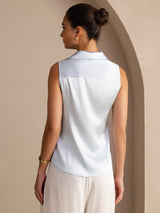 [Light Blue] SilkSilky-AU Sleeveless Lapel Collar Women's Shirt 002
