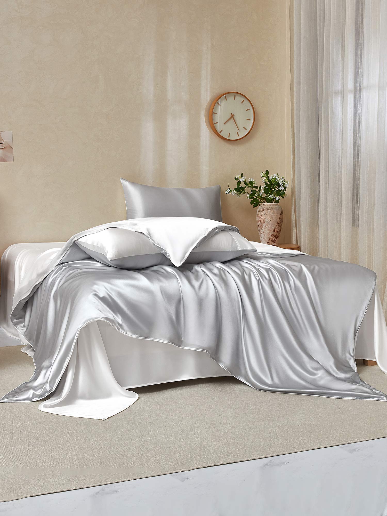 [LightGray+White] SilkSilky-AU 22Momme Pure Silk Bedding Set 002,