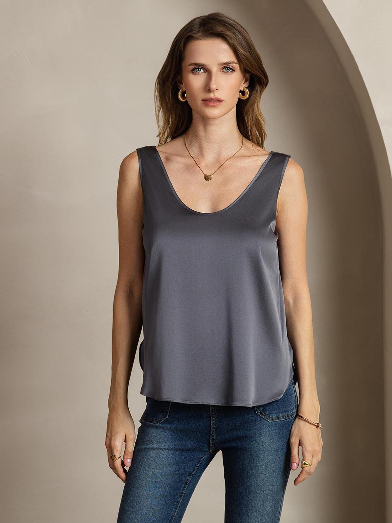 [DarkGray] SilkSilky-AU 19Momme Silk U Neck Women's T-Shirt 002
