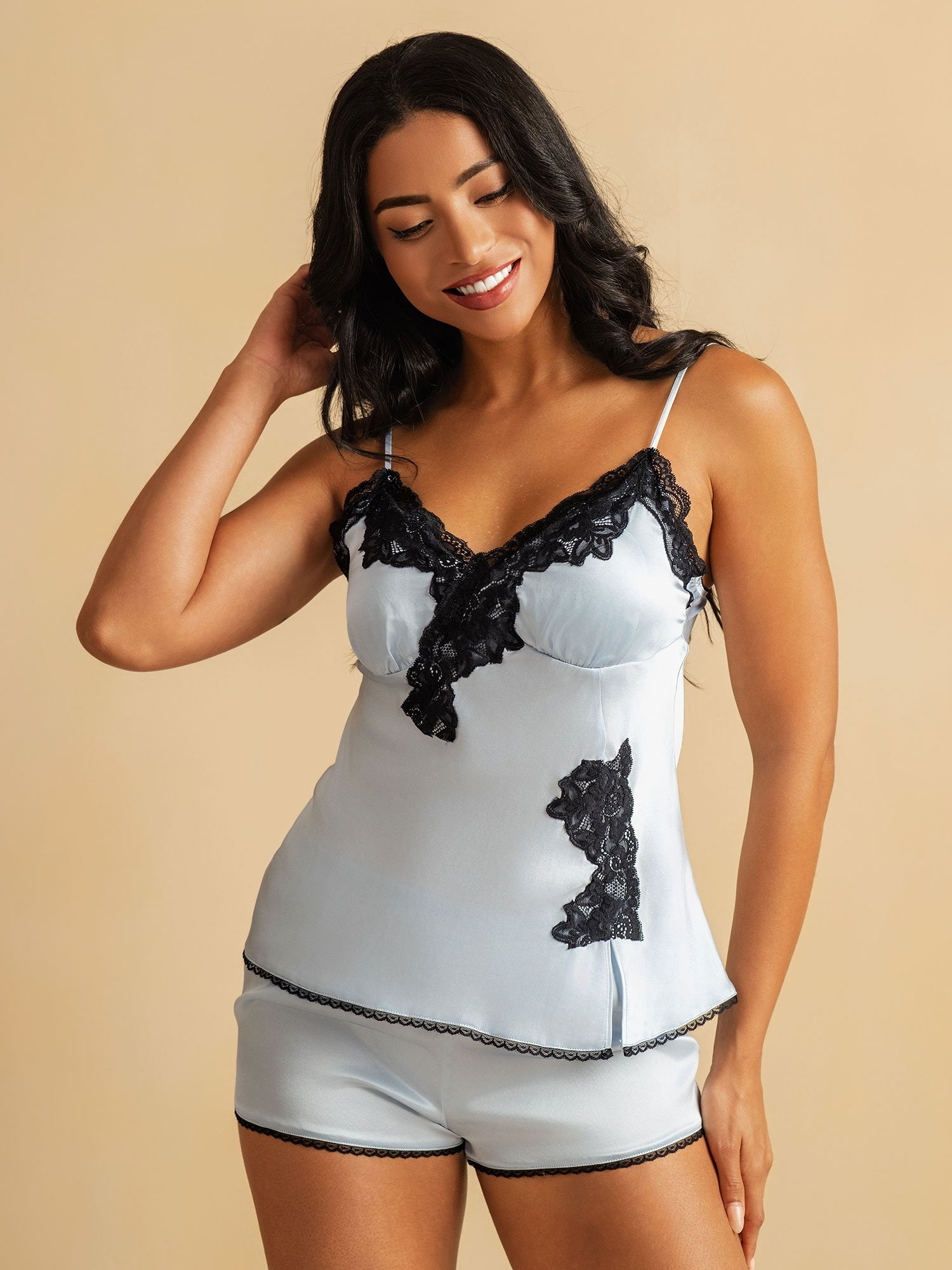 [SkyBlue] SilkSilky-AU Pure Silk Split Camisole Set 006