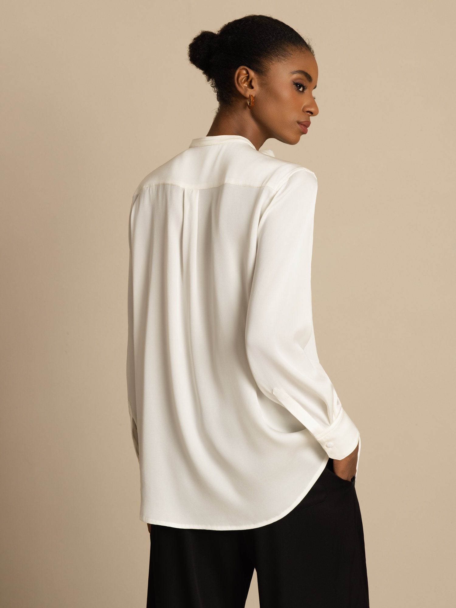 [White] SilkSilky-AU 19Momme Stretch Silk Double Georgette Long Sleeve Stand Collar Blouse 002