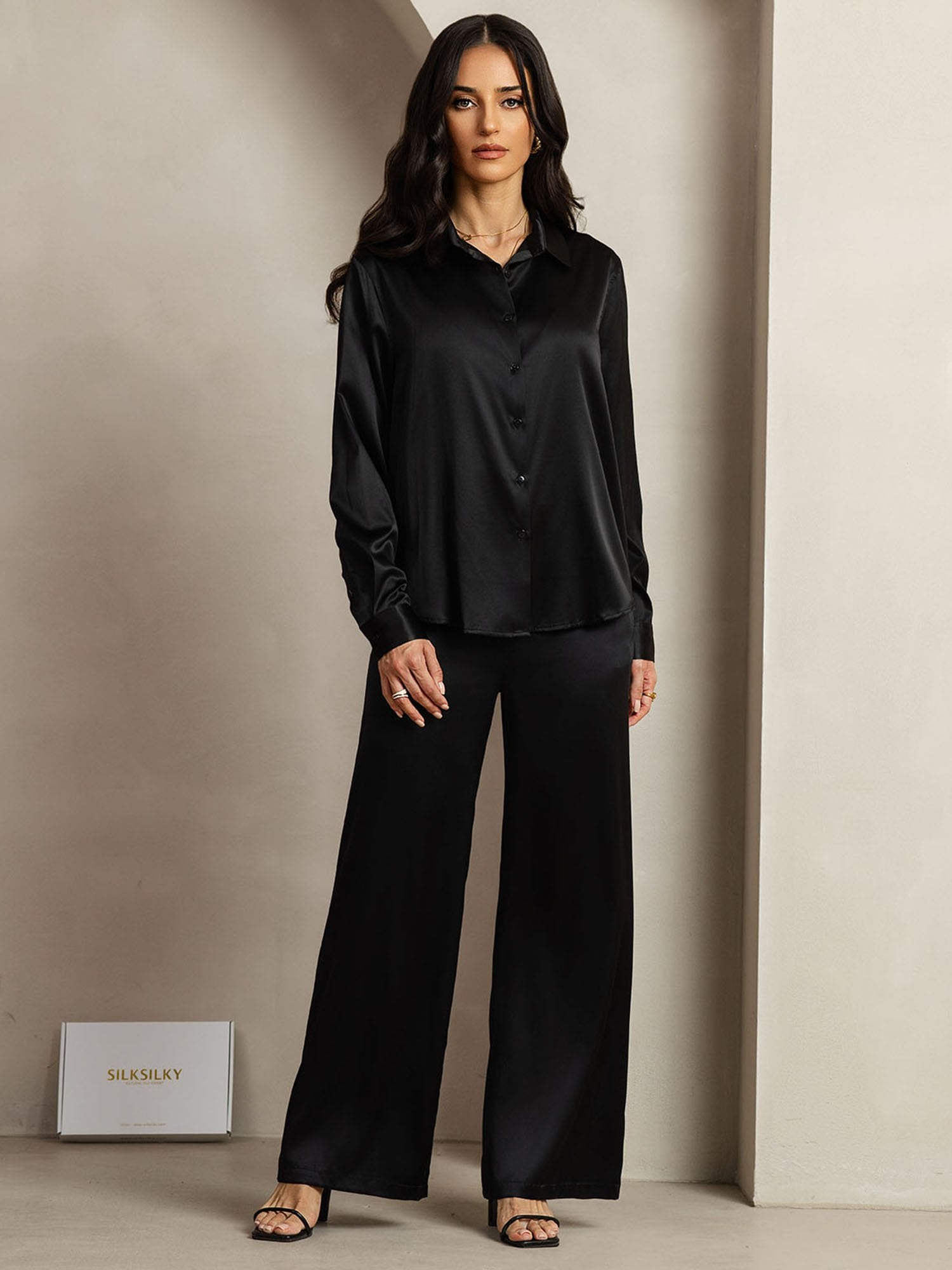 [Black] SilkSilky-AU 19Momme Silk Lapel Collar Women''s Outfit Sets 003