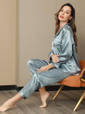 SilkSilky AU Pure Silk Long Sleeve Lapel Women's Pyjamas SteelBlue 006