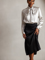 [Light Gray] SilkSilky-AU 19Momme Stretch Silk Charmeuse Long Sleeve Tie Neck Blouse 001