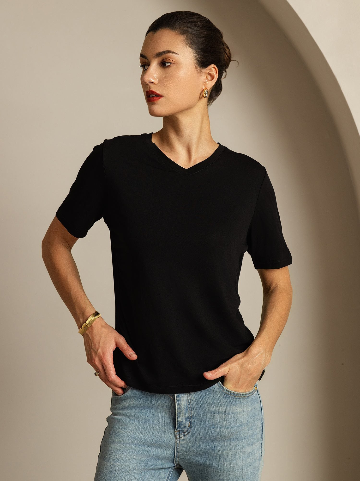 [Black] SilkSilky-AU Pure Silk V Neck Women's T-Shirt 006