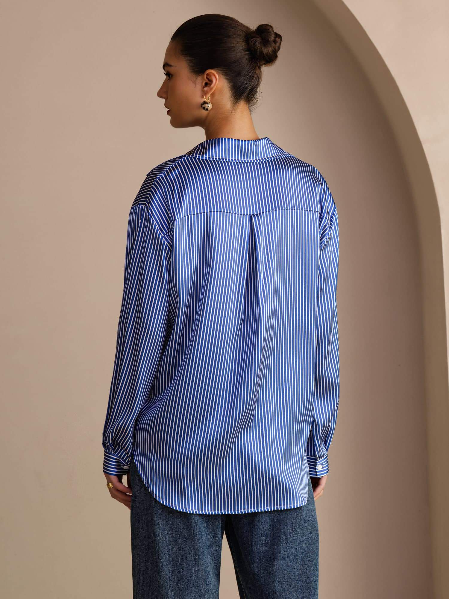 [Blue Pinstripe] SilkSilky-AU Long Sleeve Lapel Collar Women's Shirt 002