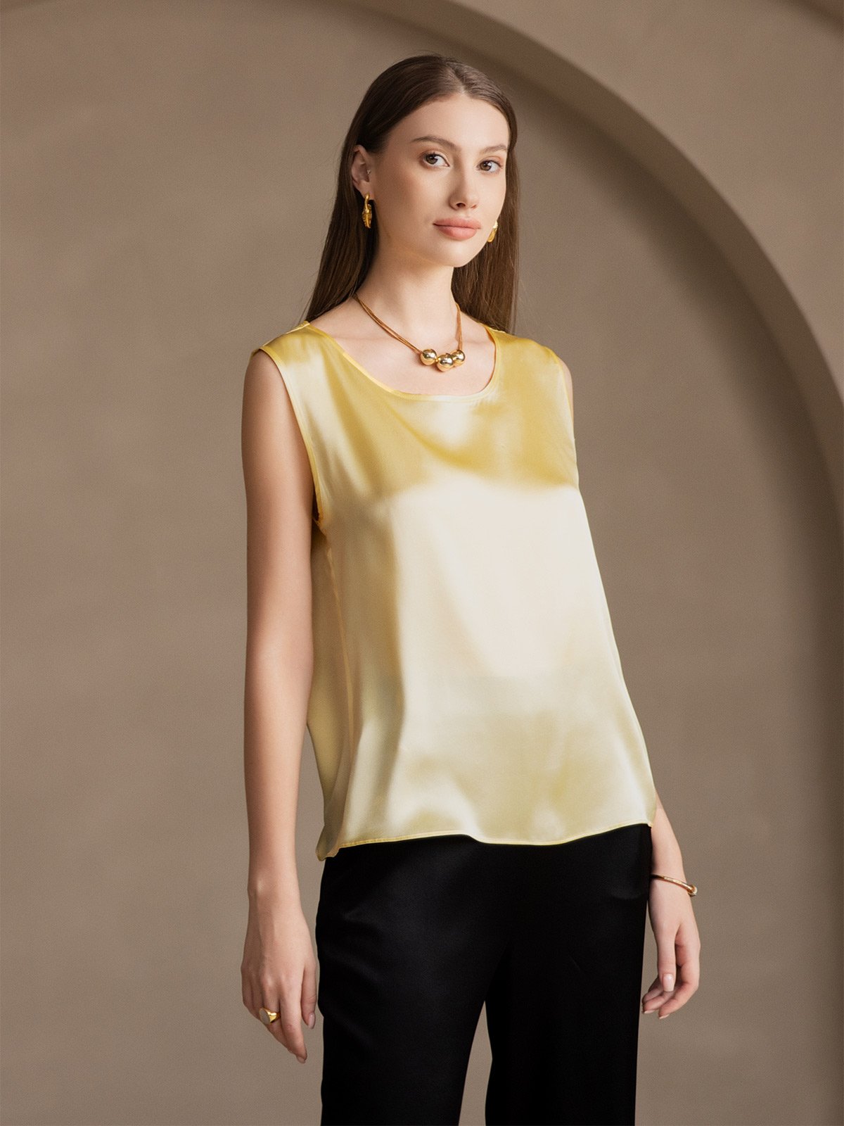 [Light Yellow] SilkSilky-AU 19Momme Silk Round Neck Camisole 005
