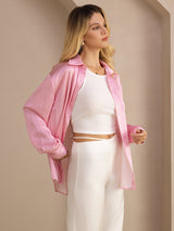 [Pink Pinstripe] SilkSilky-AU Long Sleeve Lapel Collar Women's Shirt 005