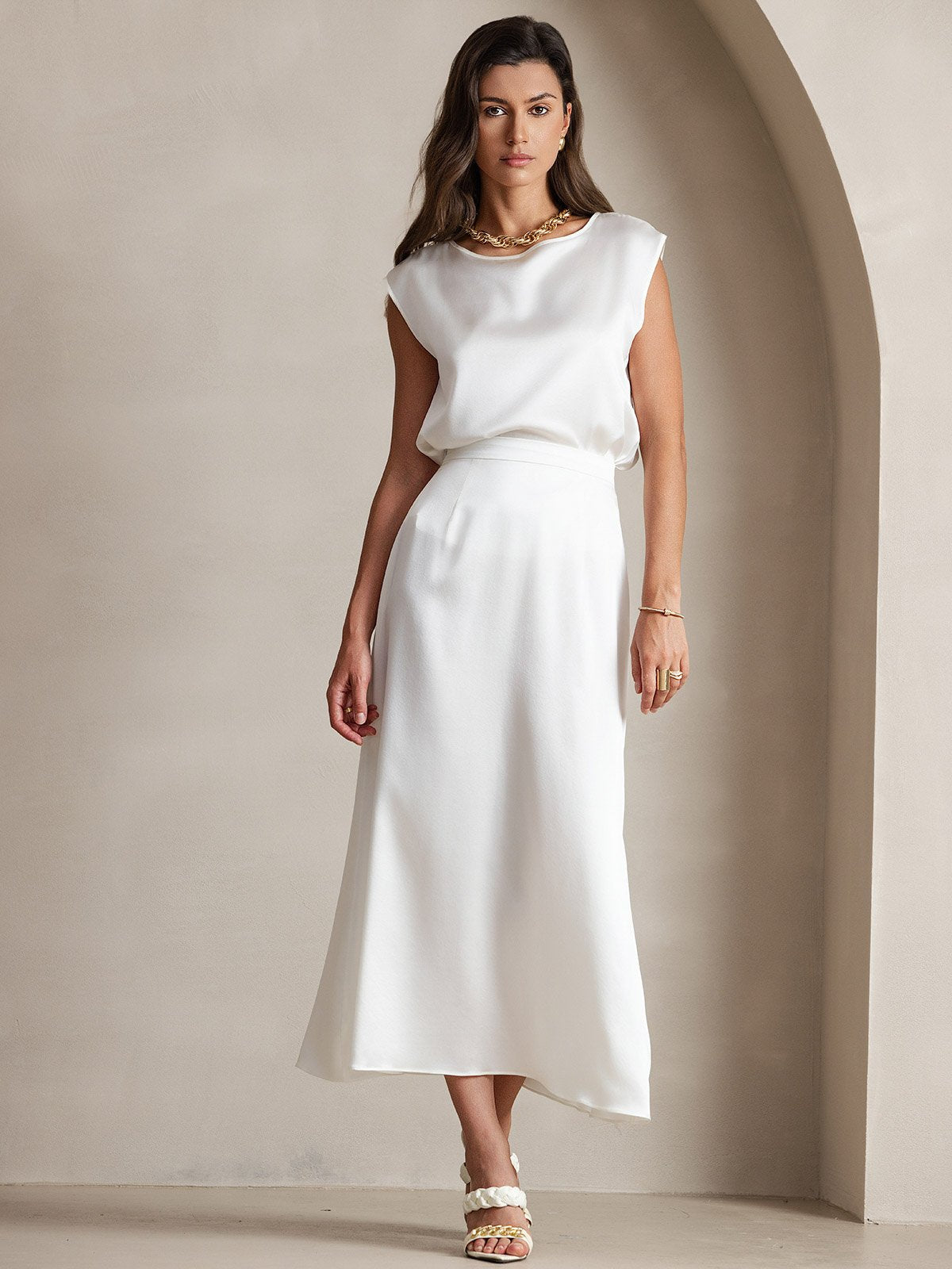 [White] SilkSilky-AU 19Momme Stretch Silk Charmeuse Skirt 003