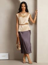 [Champagne] SilkSilky-AU Cap Sleeve Round Neck Women's T-Shirt 004