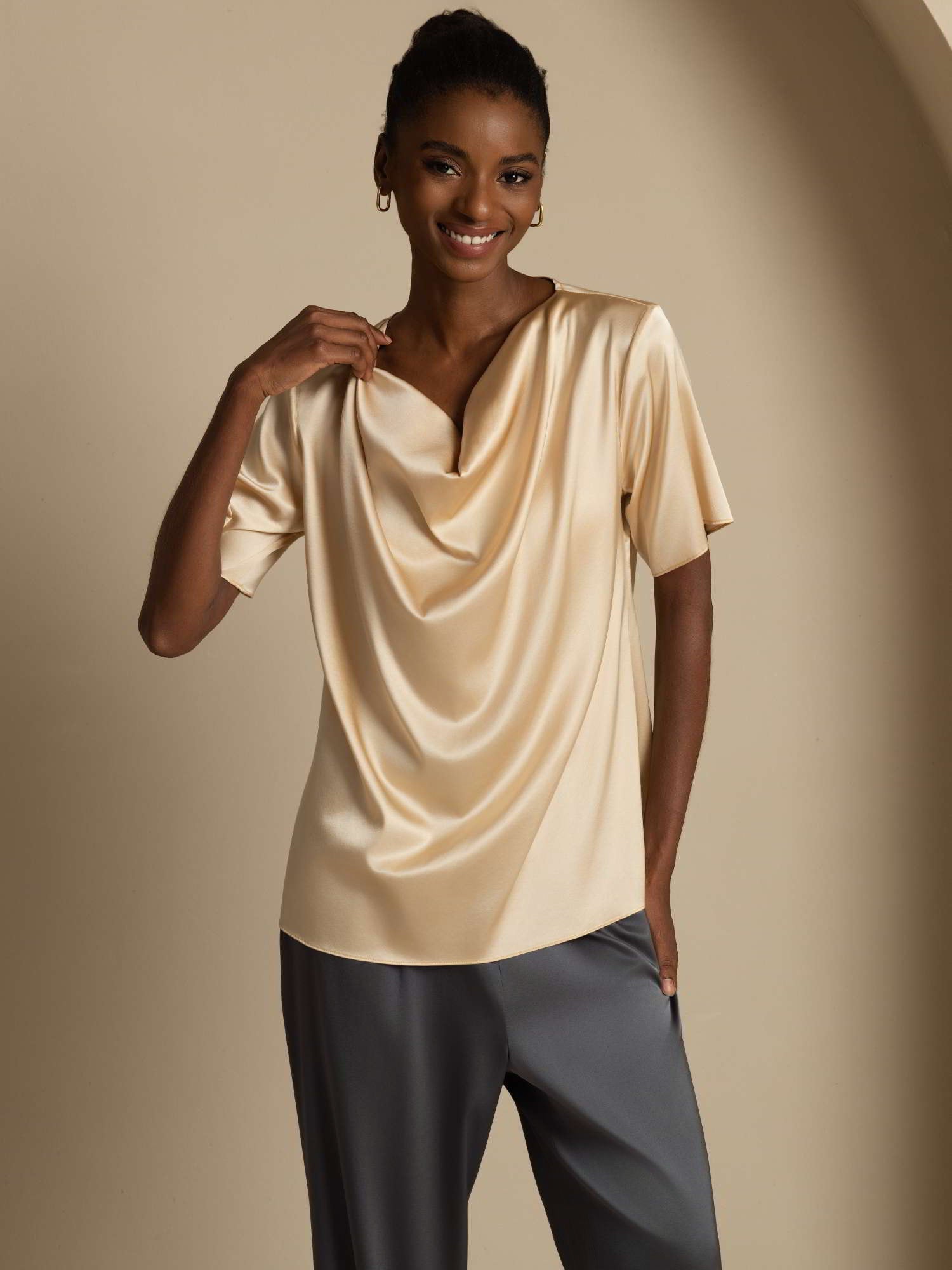 [Champagne] SilkSilky-AU 19Momme Silk Short Sleeve Cowl Neck Blouse 003