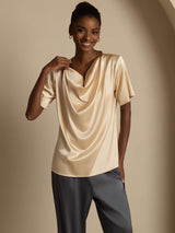[Champagne] SilkSilky-AU Short Sleeve Cowl Neck Women's Blouse 003
