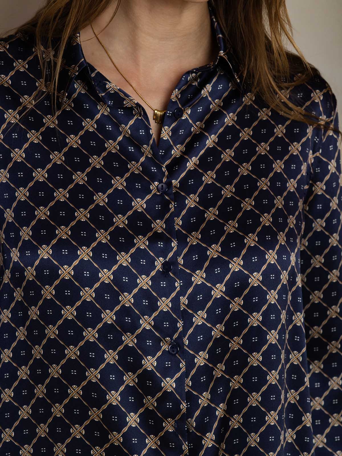 [Navy Chain] SilkSilky-AU 19Momme Silk Lapel Collar Women''s Outfit Sets 005