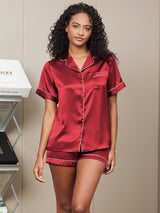[Wine] SilkSilky-AU Short Sleeve Lapel Collar Women's Pyjamas 004