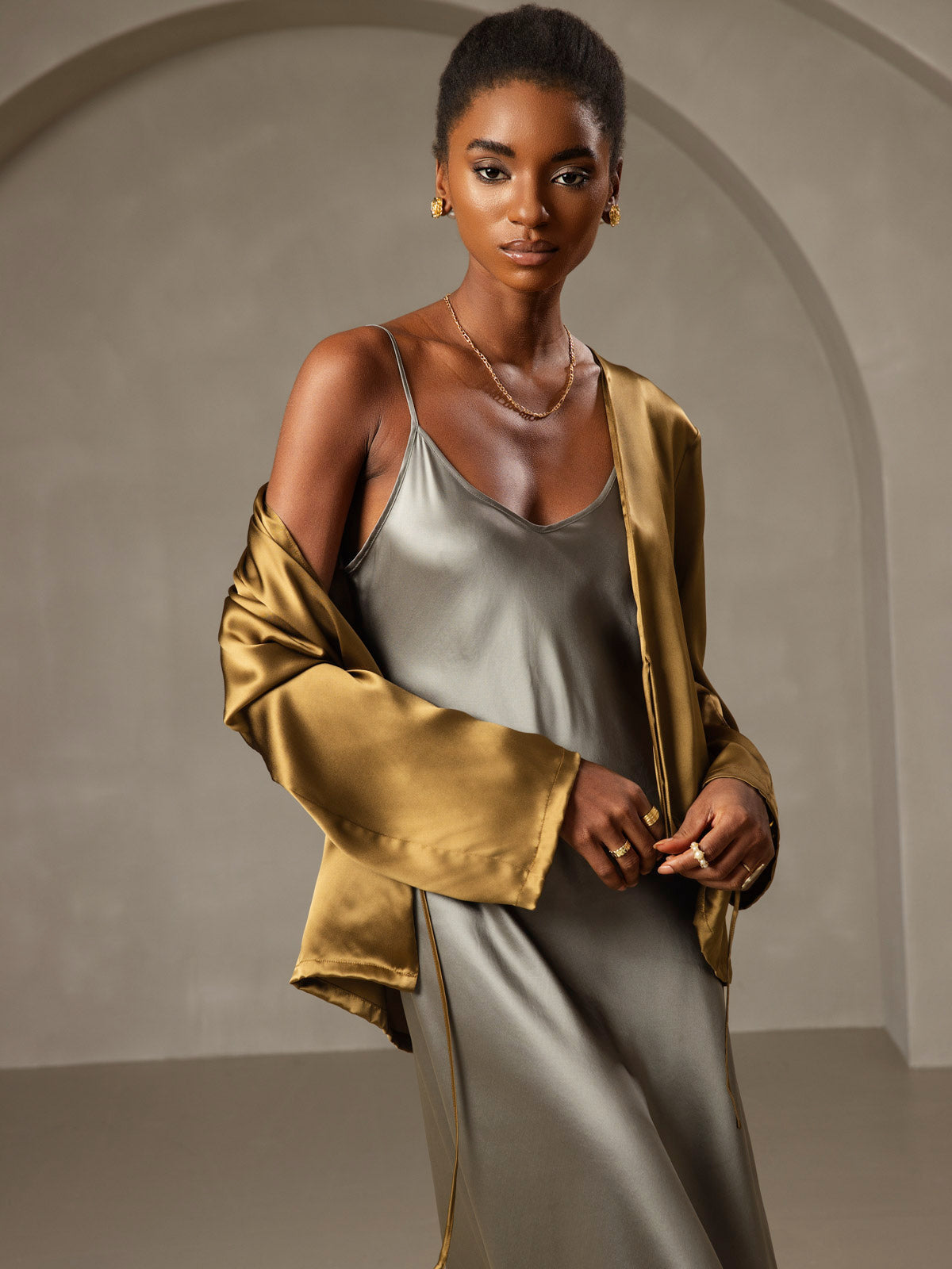 [Grayish Green] SilkSilky-AU Spaghetti Strap V Neck Dress 003