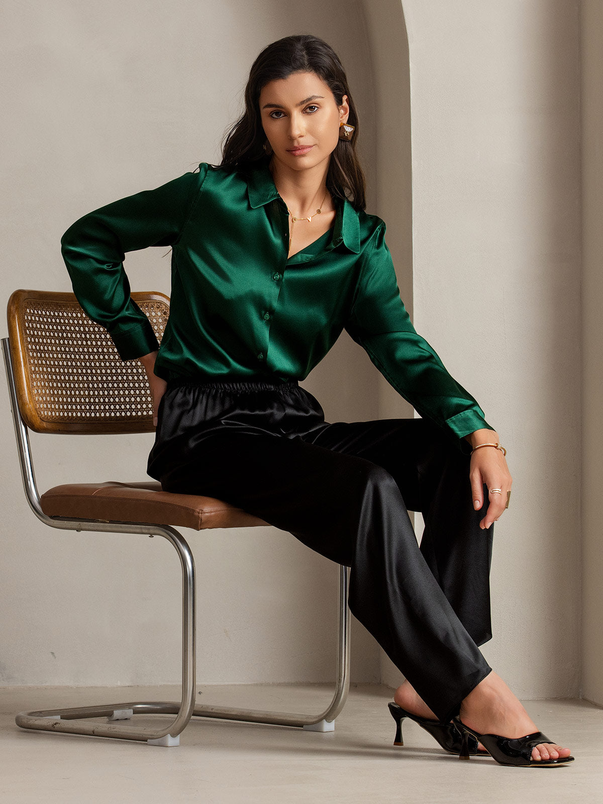 SilkSilky-AU Silk Long Sleeve Collar Women's Shirt DarkGreen 003