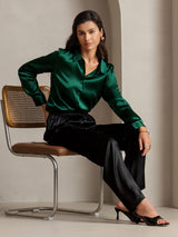 [Dark Green] SilkSilky-AU 19Momme Stretch Silk Charmeuse Long Sleeve Lapel Collar Women's Shirt 003
